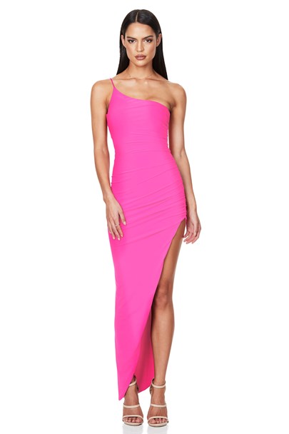 Aria One Shoulder Gown - Neon Pink