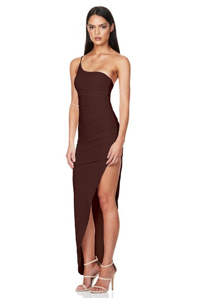 Aria One Shoulder Gown - Chocolate